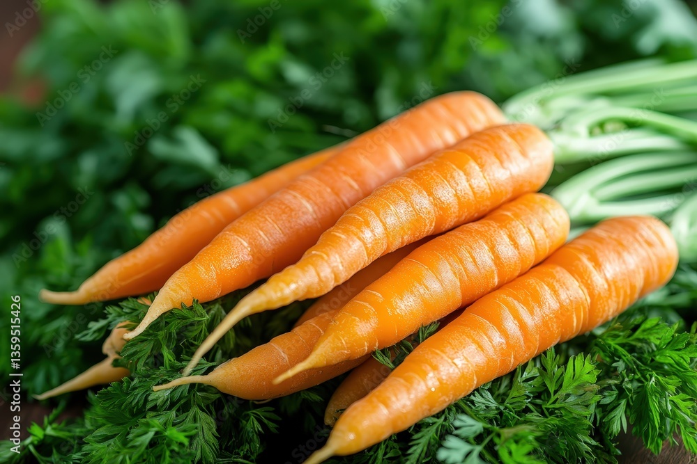 Freshly harvested orange carrots arranged on green leafy foliage Freshly harvested orange carrots arranged on green leafy foliage