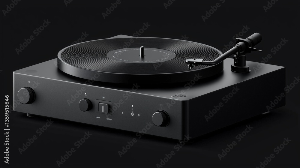Fototapeta premium Modern black turntable with stylus on a minimalist black background