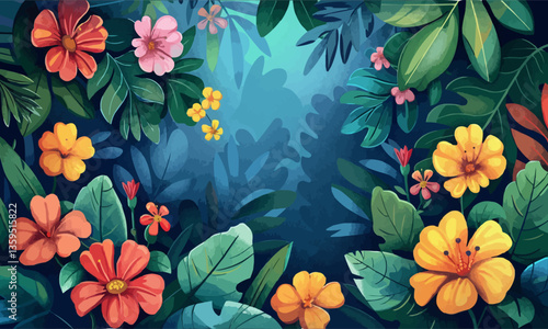 Colorful flowers as a panoramic background, illustration