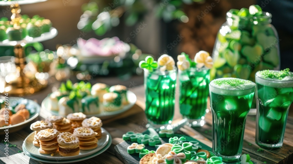 St. Patrick's Day-themed food spread with green drinks and shamrock-shaped snacks. St. Patrick's Day-themed food spread with green drinks and shamrock-shaped snacks.