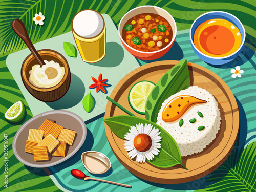 vector of  Traditional Sri Lankan breakfast: kiribath (milk rice) with lunu miris and coconut sambol. Top view with space for copy.