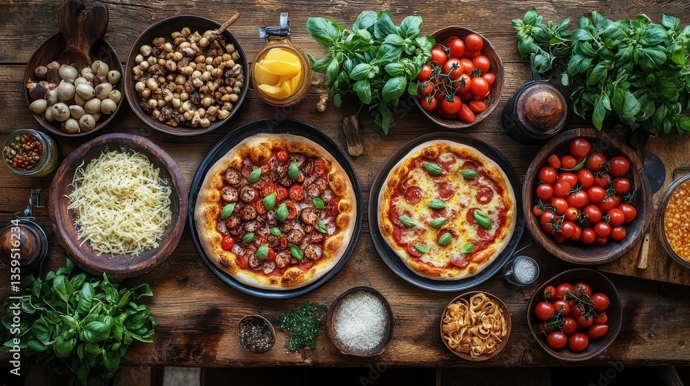 Freshly baked pizzas and assorted ingredients ready for cooking on a rustic wooden table Freshly baked pizzas and assorted ingredients ready for cooking on a rustic wooden table