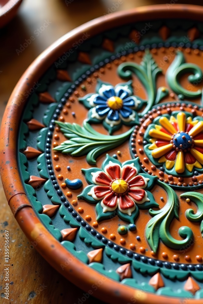 Close-up shot of terracotta plate with intricate floral design, rustic texture, background, texture, rustic Close-up shot of terracotta plate with intricate floral design, rustic texture, background, texture, rustic