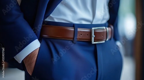 Close-up of a man's suit featuring a brown leather belt and elegant tailoring