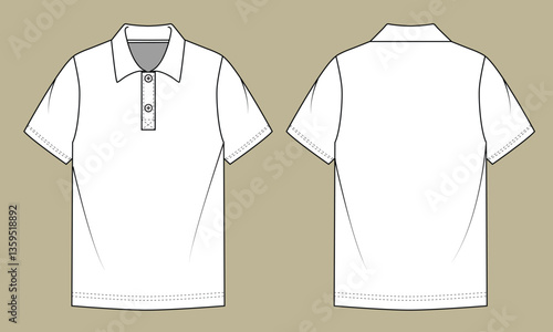 Drawing of a block short sleeve polo shirt isolated on a background. Sketch of a classic polo shirt with collar and button closure. Front and Back view..