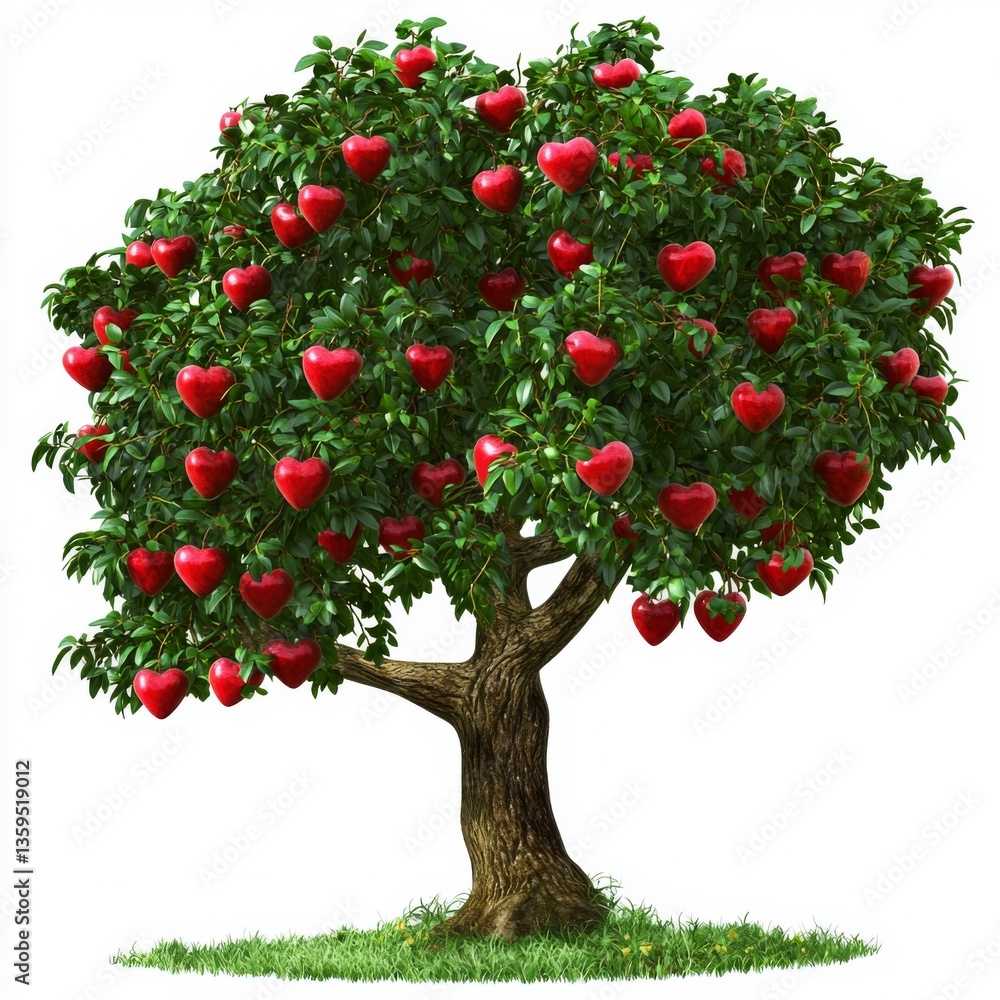Fototapeta premium Dreamy heart-shaped apple tree with vibrant red fruits surrounded by lush green leaves in a whimsical setting