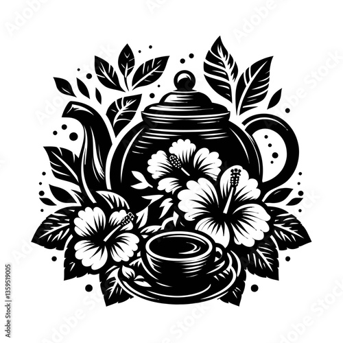 Hibiscus tea and teapot logo black color vector isolated white background