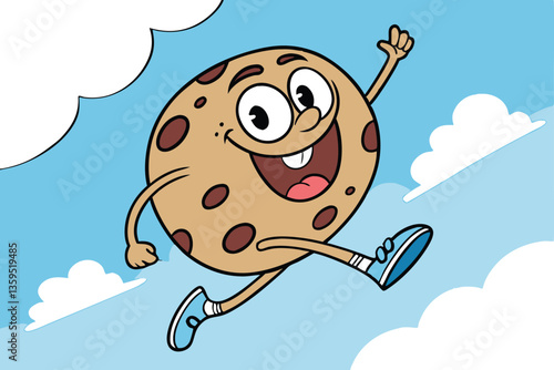 A cartoon-style vector illustration of a cheerful anthropomorphic cookie flying through the sky