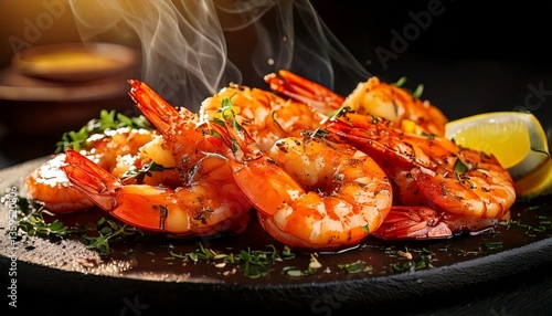Juicy, grilled shrimp sizzling on a hot plate, with a slight char on the edges