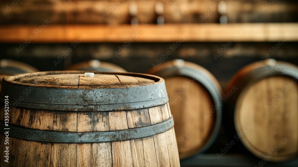 Fototapeta premium Craft beer and yeast concept. Wooden barrels stacked in a rustic brewery setting.