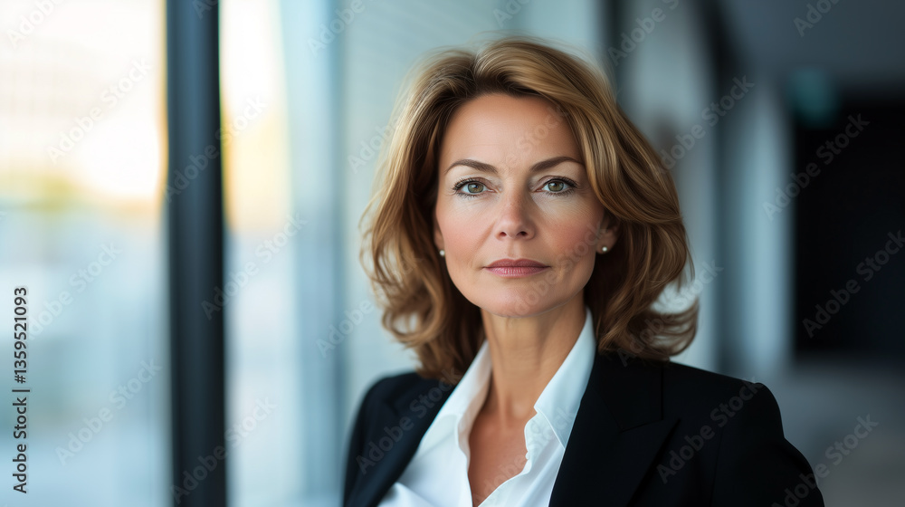 Portrait of middle-aged business woman in office wearing white shirt and black jacket standing against window with blurred background Portrait of middle-aged business woman in office wearing white shirt and black jacket standing against window with blurred background