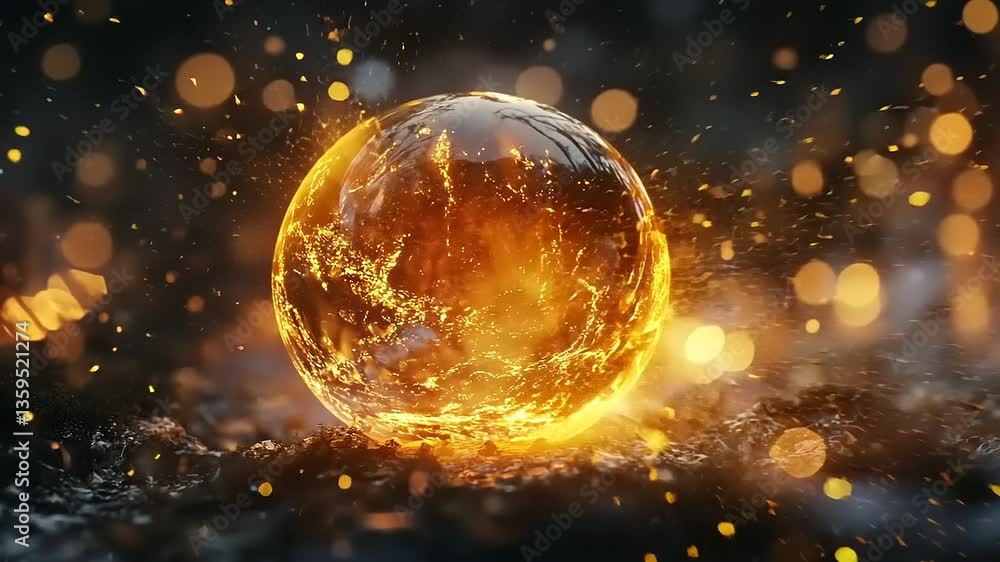 Glowing orange sphere surrounded by shimmering particles in a dark, mystical environment Glowing orange sphere surrounded by shimmering particles in a dark, mystical environment