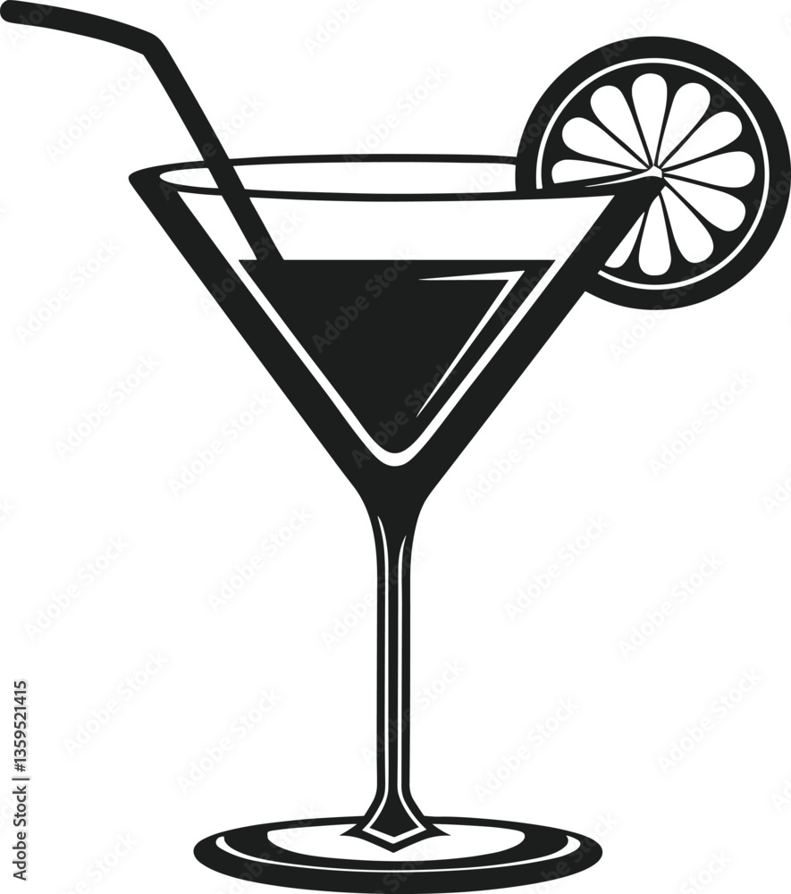 Elegant Cocktail Glass Silhouette with Straw and Lemon Slice – Vector Illustration Elegant Cocktail Glass Silhouette with Straw and Lemon Slice – Vector Illustration