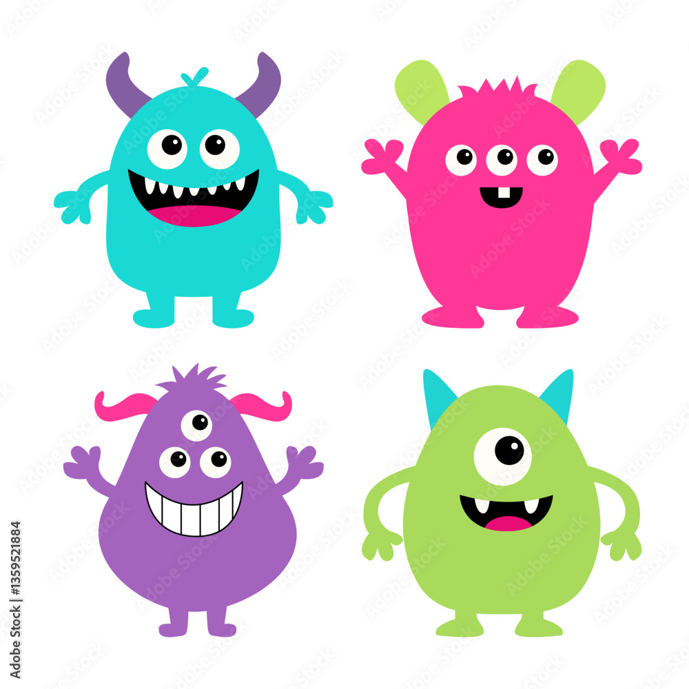 Happy Halloween. Monster set. Cute cartoon funny character. Colorful silhouette monsters. Kawaii face with teeth, horns, eyes, hands. Childish baby collection. Flat design. White background. Vector Happy Halloween. Monster set. Cute cartoon funny character. Colorful silhouette monsters. Kawaii face with teeth, horns, eyes, hands. Childish baby collection. Flat design. White background. Vector