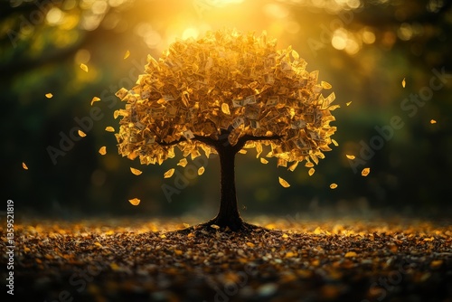 Golden Autumn Tree at Sunset in a Leaf-Covered Forest