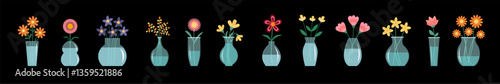 Flower in vase big set line banner. Transparent glass vases with water. Different flowers. Daisy, gerbera, tulip. Cute icon collection. Ceramic Pottery decoration. Flat design. Black background Vector