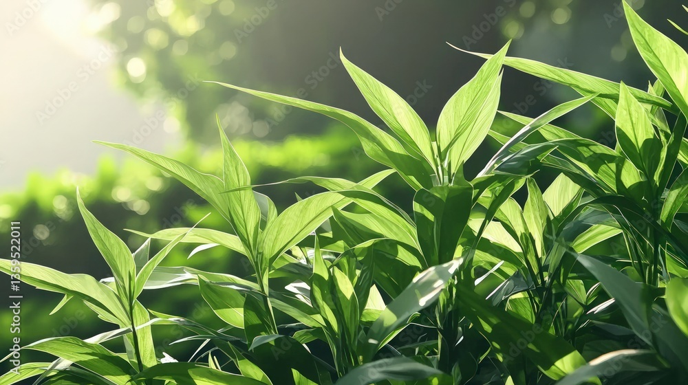Obraz premium Lush Tropical Greenery Sunlight on Vibrant Green Leaves