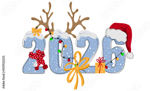 Hand drawn doodle number of 2026 with scarf,  santa hat, antler and garlands. Happy new year. Christmas design for poster, banner, t shirt, card, flyer. Vector illustration