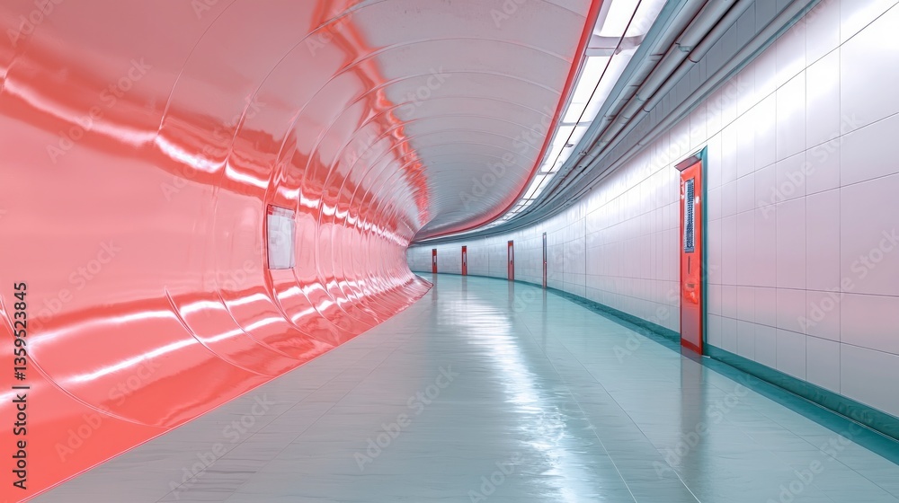 Fototapeta premium Modern Architectural Tunnel Red Walls Futuristic Corridor Interior Design