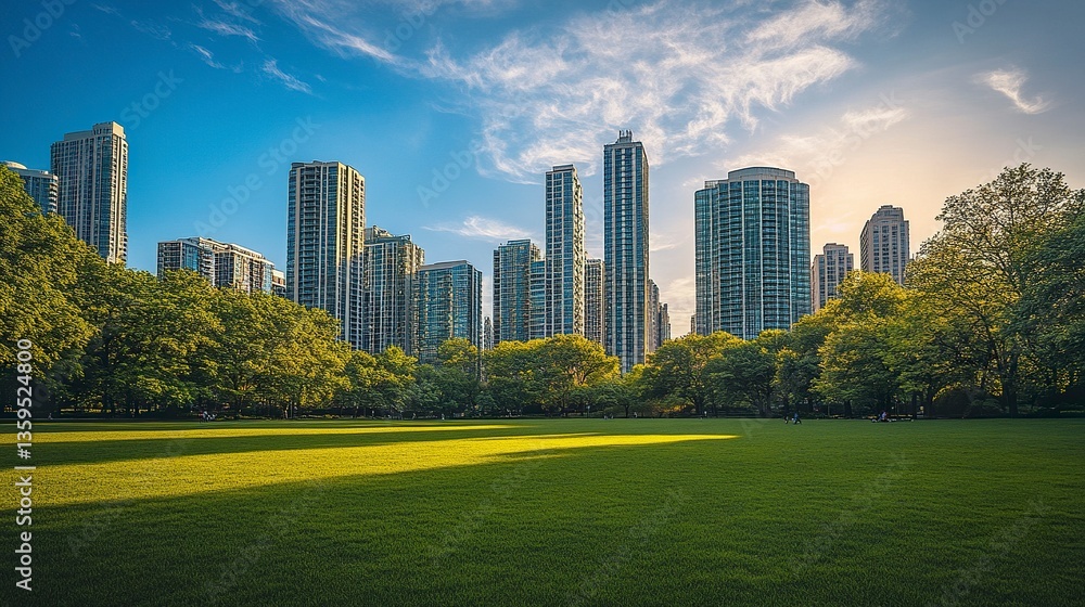Obraz premium City park in vibrant greenery surrounded by sleek high-rise buildings, blue sky with scattered clouds, dynamic perspective, late afternoon glow, panoramic urban scene