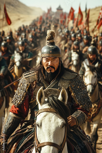 Genghis Khan leads his Mongolian army across the steppe with a commanding presence