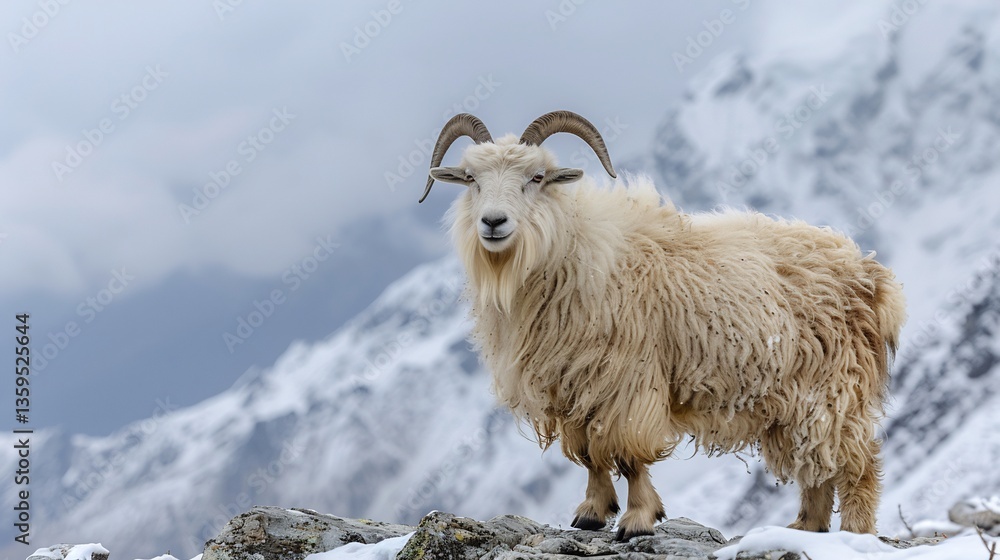 Naklejka premium Cashmere goat Capra hircus standing on a snowy mountain ridge its thick soft fleece shielding it from the icy wind Snow covered peaks stretch into the horizon
