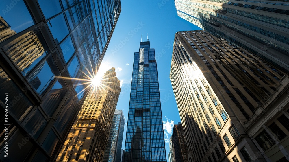 Obraz premium Cityscape showcasing a central towering skyscraper, smaller structures in its shadow, vibrant daylight with crisp edges, wide-angle shot with urban depth. 