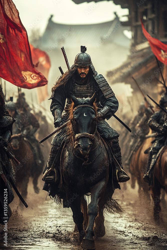 Fototapeta premium Samurai warriors charge into battle amid a fierce military conflict in ancient Japan