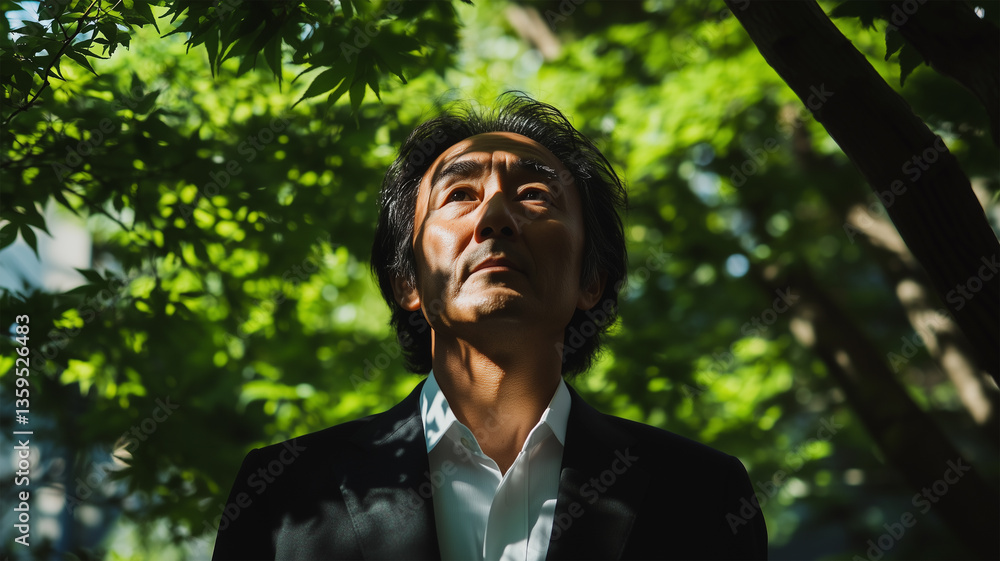 木漏れ日の中で静かに見上げる日本人中年男性のポートレート 木漏れ日の中で静かに見上げる日本人中年男性のポートレート
