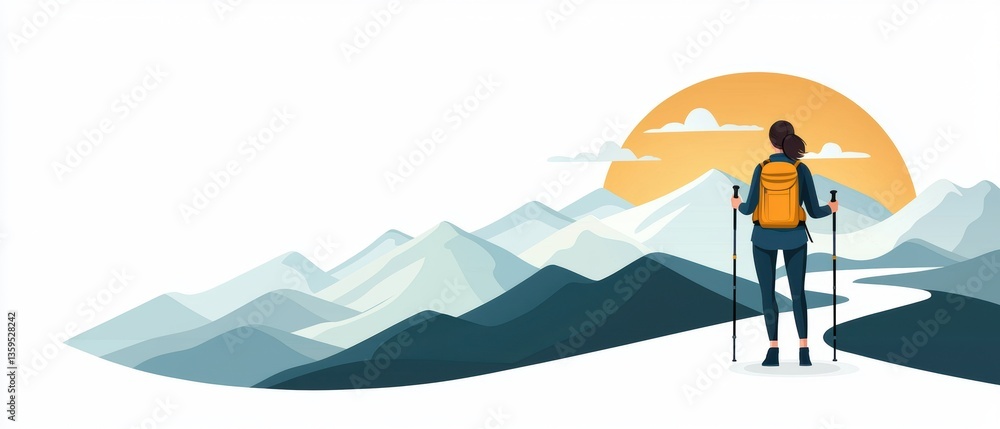 Fototapeta premium A hiker with poles stands on a path overlooking a mountain landscape and sunset, symbolizing adventure and exploration.