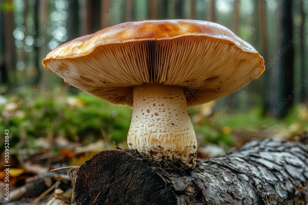 Fototapeta premium A close-up view of a vibrant mushroom growing on a decaying log in a lush forest. surrounded by greenery. showcasing the intricate gills and cap details