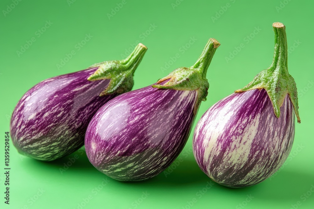 Fototapeta premium Three fresh eggplants are arranged in a row on a green surface