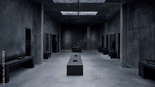 A minimalistic and dark interior space featuring product displays