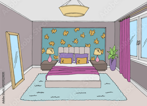 Bedroom graphic color home interior sketch illustration vector 