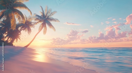 Palm Trees Silhouette in Serene Sunset Tropical Beach at Golden Hour