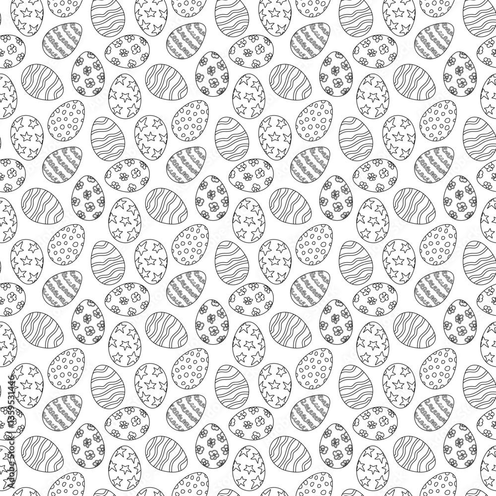 Seamless pattern with decorative Easter eggs featuring doodle designs like stars, flowers, dots, and waves. Black and white outline for coloring page and prints. Seamless pattern with decorative Easter eggs featuring doodle designs like stars, flowers, dots, and waves. Black and white outline for coloring page and prints.