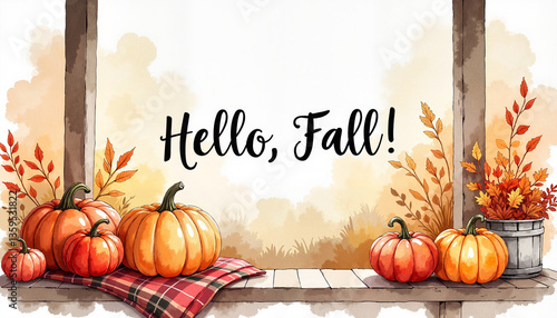 Cozy autumn scene with pumpkins and plaid blanket on porch, fall warmth