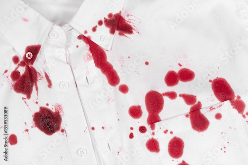 Drops of blood stains on white shirt with a pocket. red dripping splatters on white fabric. blood splatters on clothes.