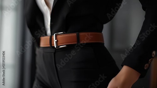 Close-up of a stylish woman in a black suit with a brown leather belt accentuating her waist