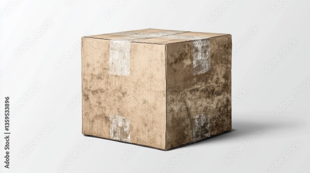 Brown carton box with packing tape, slightly worn, ideal for storage and moving purposes, displayed on a transparent background. Brown carton box with packing tape, slightly worn, ideal for storage and moving purposes, displayed on a transparent background.