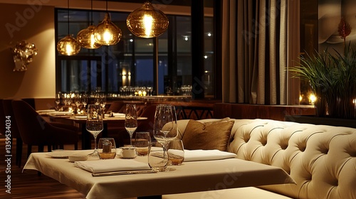 Cozy modern interior with a beige sofa on polished wooden flooring, a dining area with elegant table settings, and warm pendant lights creating a luxurious yet inviting atmosphere.  