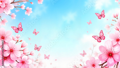 Blooming cherry blossoms and butterflies under blue sky, welcome spring