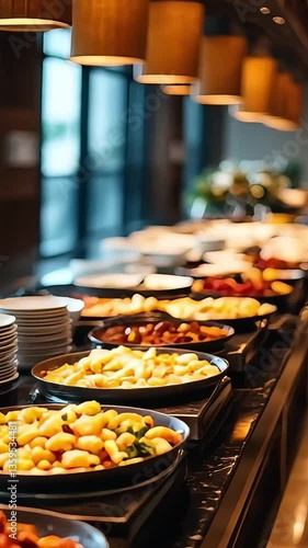 A wide shot of a hotel breakfast buffet with a variety of dishes