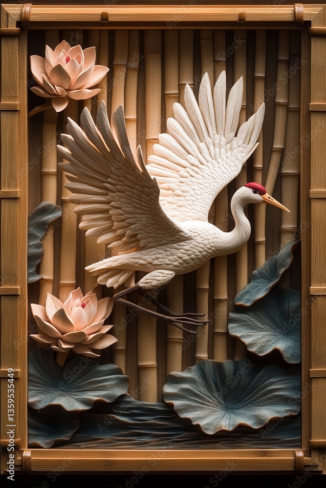 Fototapeta premium Serene Crane Artwork with Lotus Flowers and Bamboo Background