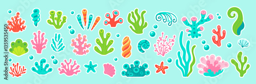 A collection of colorful sea plants and sea creatures. The plants are in various shapes and sizes, and the sea creatures are also diverse. Scene is cheerful and lively, with the bright colors