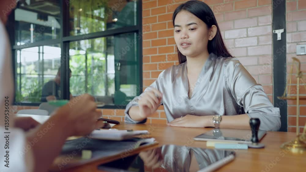 A woman is sitting at a desk with a man in front of her. She is talking to him and pointing to a piece of paper A woman is sitting at a desk with a man in front of her. She is talking to him and pointing to a piece of paper