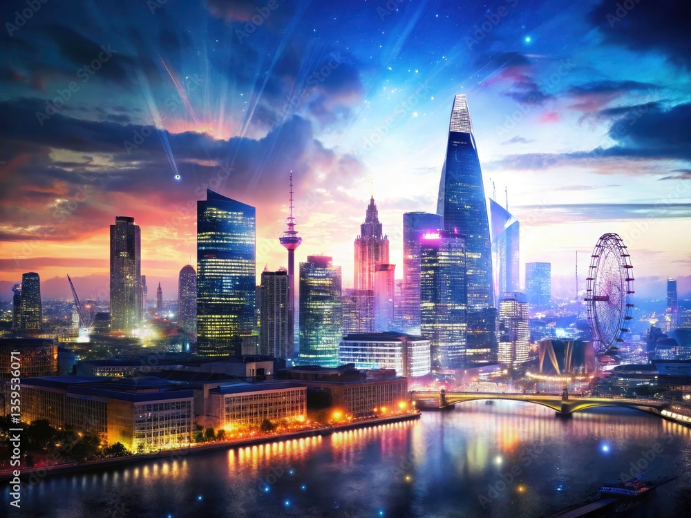 Fototapeta premium London Night Skyline Double Exposure, Cityscape Photography, Illuminated Buildings, Night View, Aerial View, Urban Photography, England
