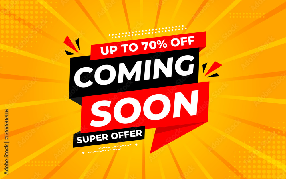 Naklejka premium Coming Soon Sale Banner vector template. Grand Opening vector graphic element. Super shop label Promo design. Product opening festival background collection. 