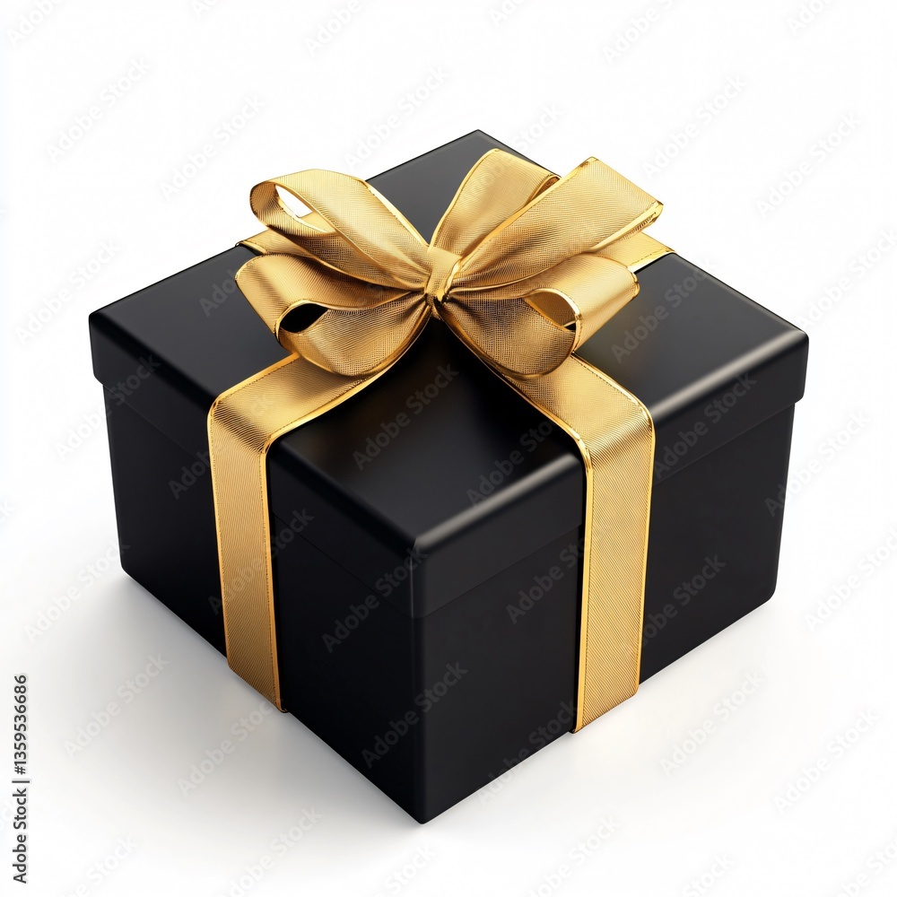Obraz premium Elegant Black Gift Box with Luxurious Golden Ribbon on White Background. Generative AI