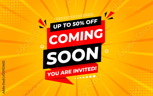 Coming Soon Sale Banner vector template. Grand Opening vector graphic element. Super shop label Promo design. Product opening festival background collection. 
